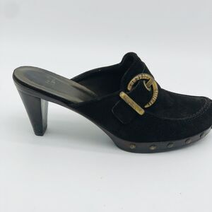 Stuart Weitzman Mules Clogs 9 Brown Suede Buckle Rivet Heel Bohemian Festival